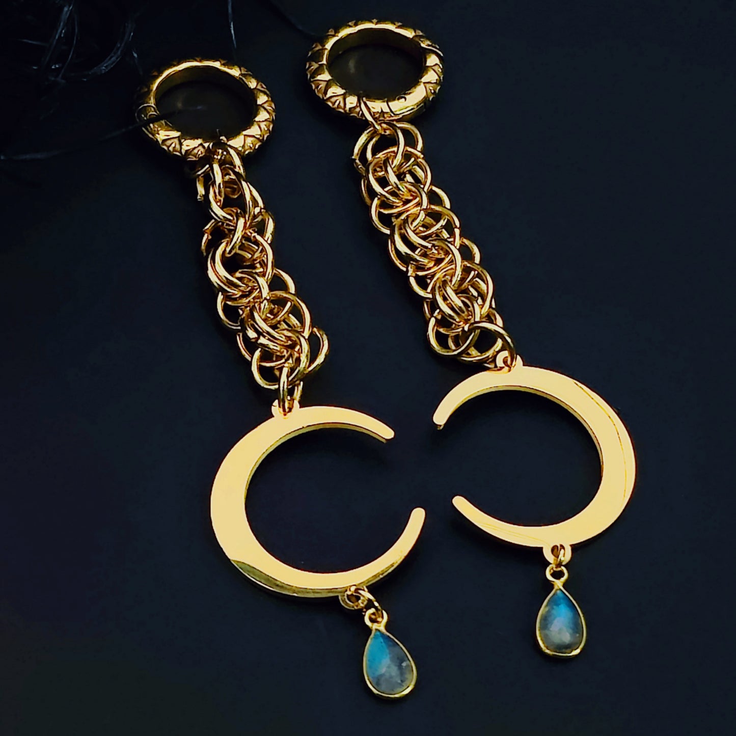Labradorite Chainmail Moon Ear Weights w/ 18k Gold Plated Stainless Steel Hoop Clickers
