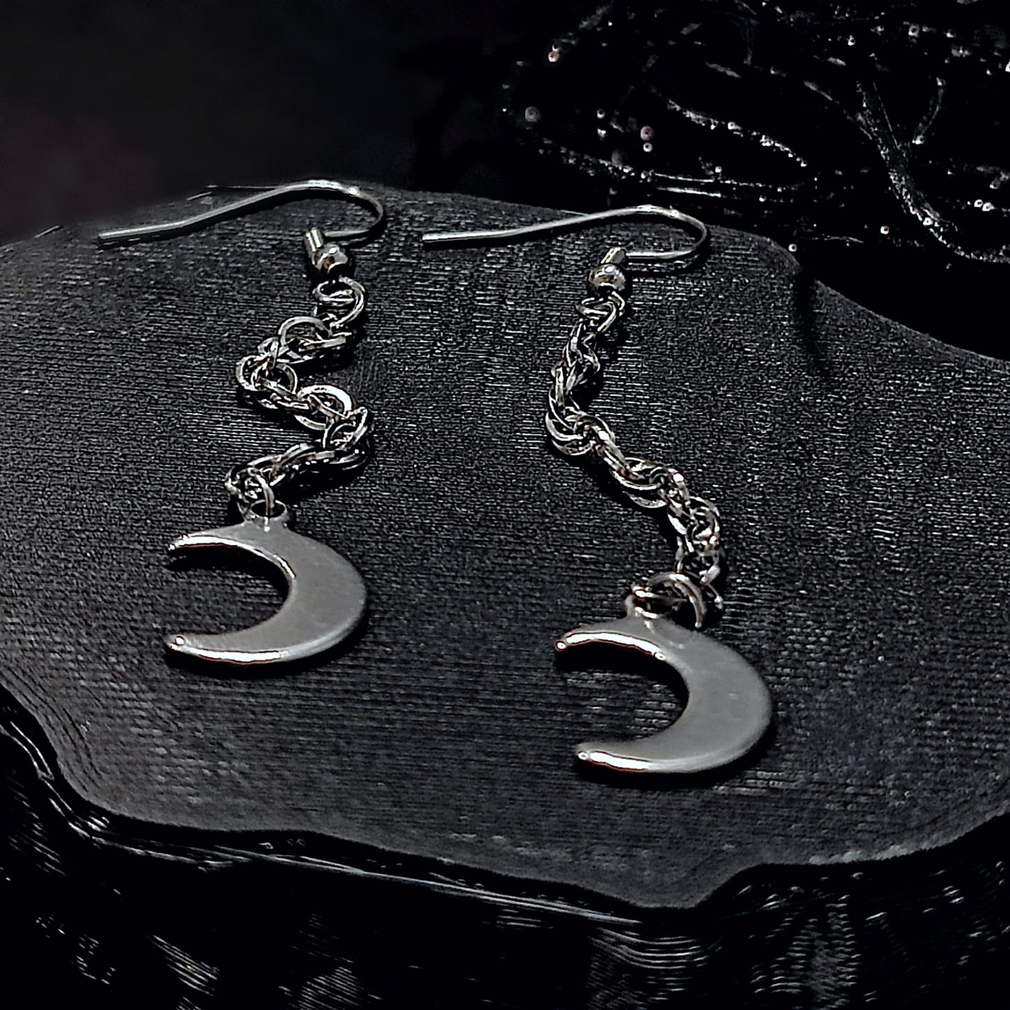 Silver Sparkling Moon Dangle Earrings w/ Implant Grade Surgical Steel Hooks