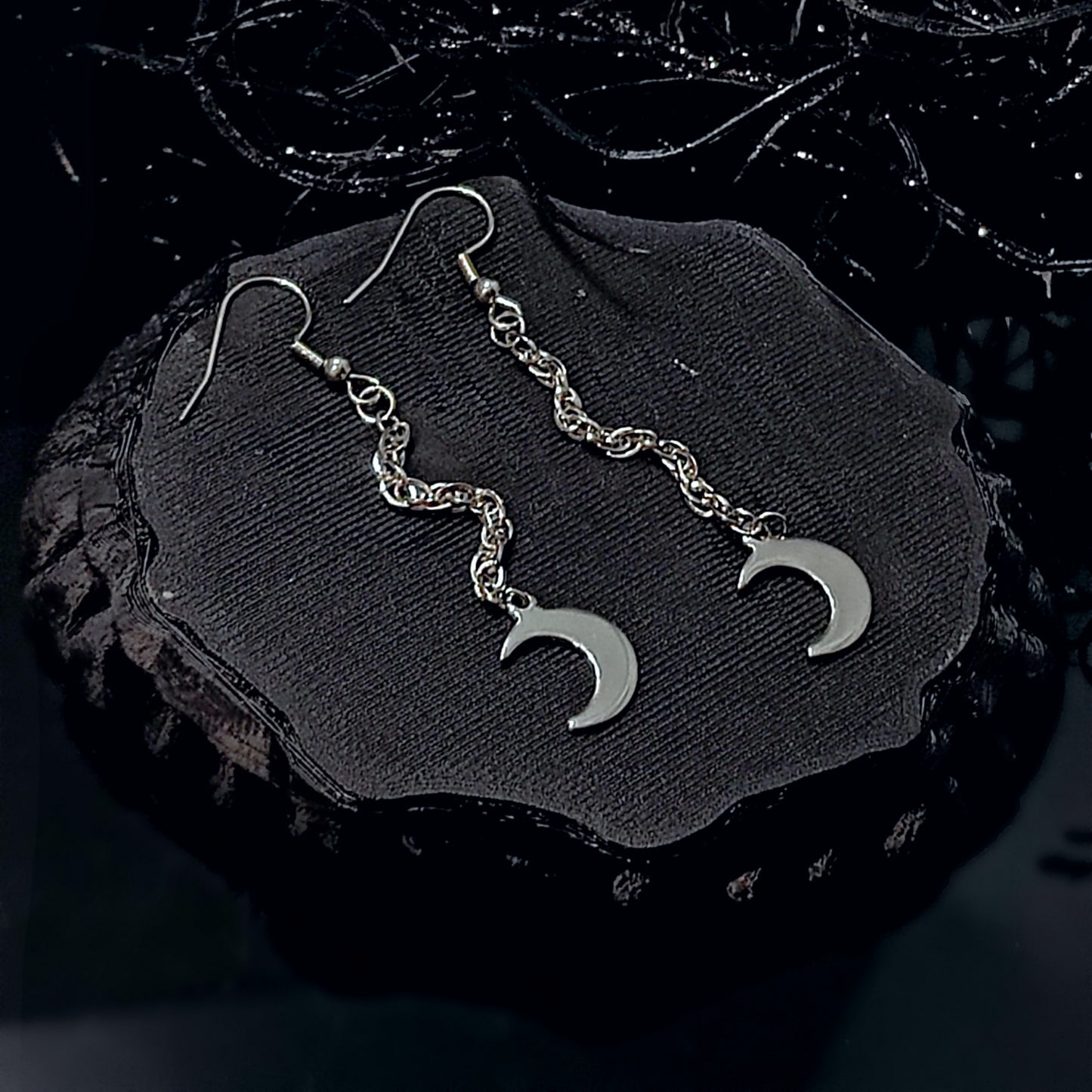 Silver Sparkling Moon Dangle Earrings w/ Implant Grade Surgical Steel Hooks