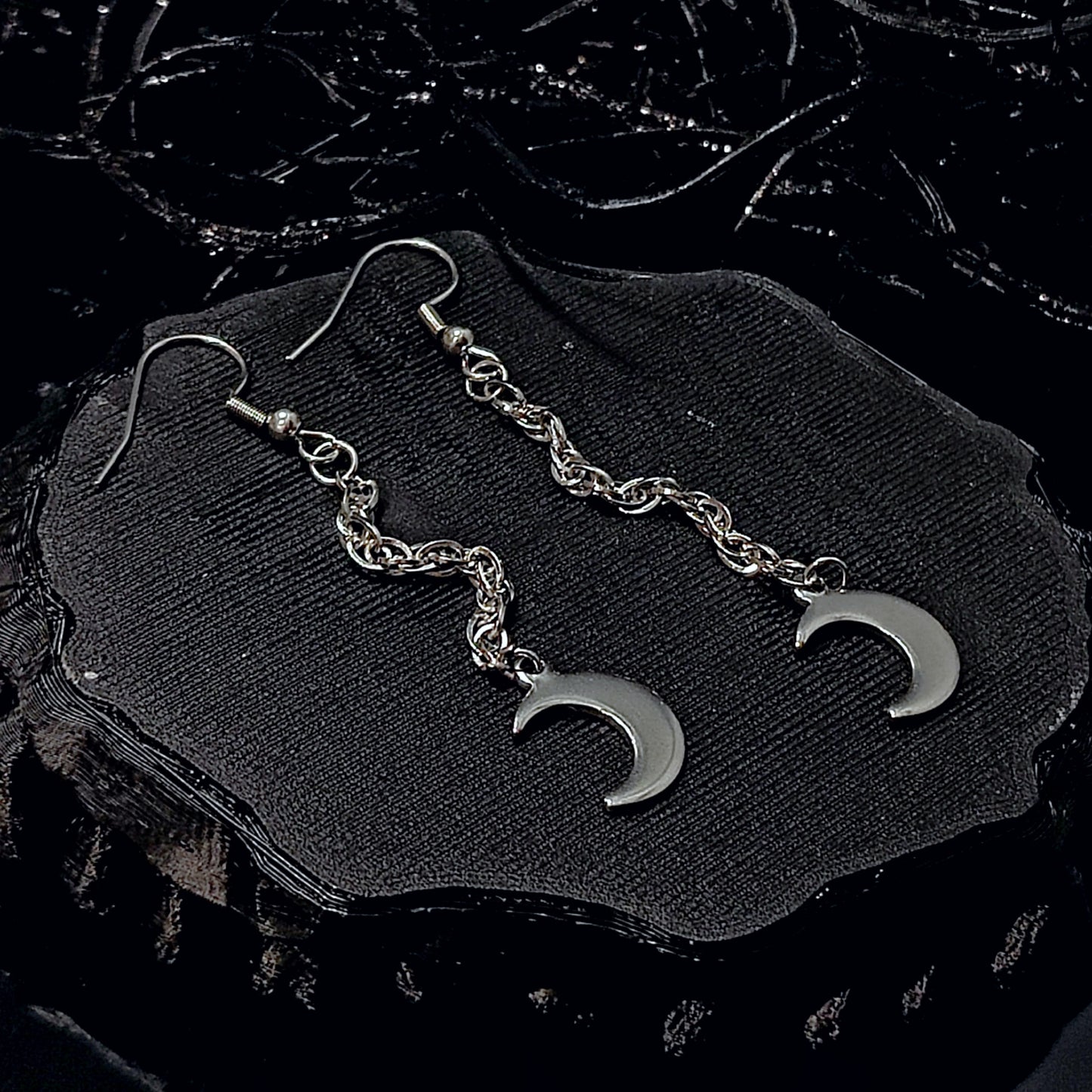 Silver Sparkling Moon Dangle Earrings w/ Implant Grade Surgical Steel Hooks