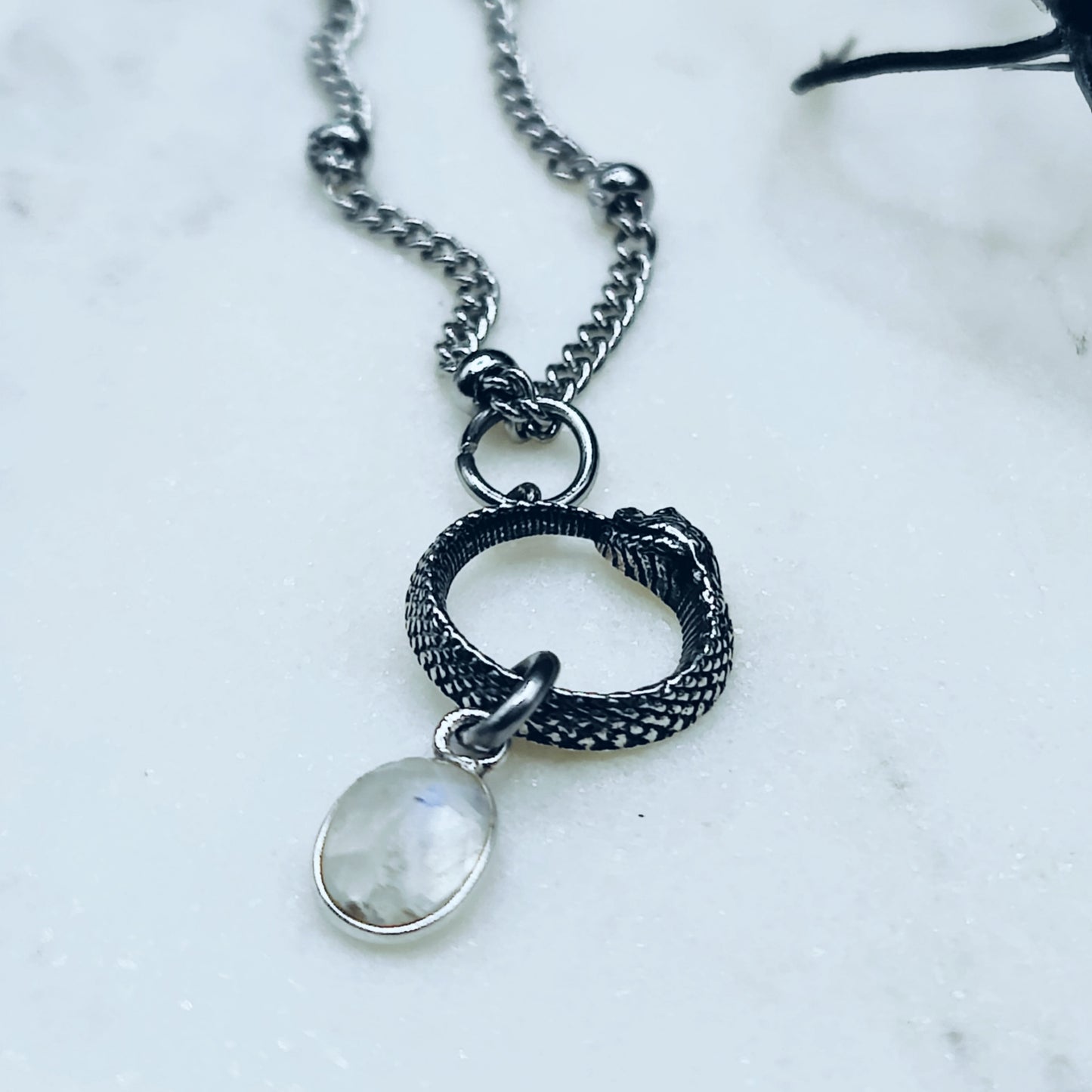 Dainty Ouroboros Teardrop Necklace in Moonstone, 18 inches Long