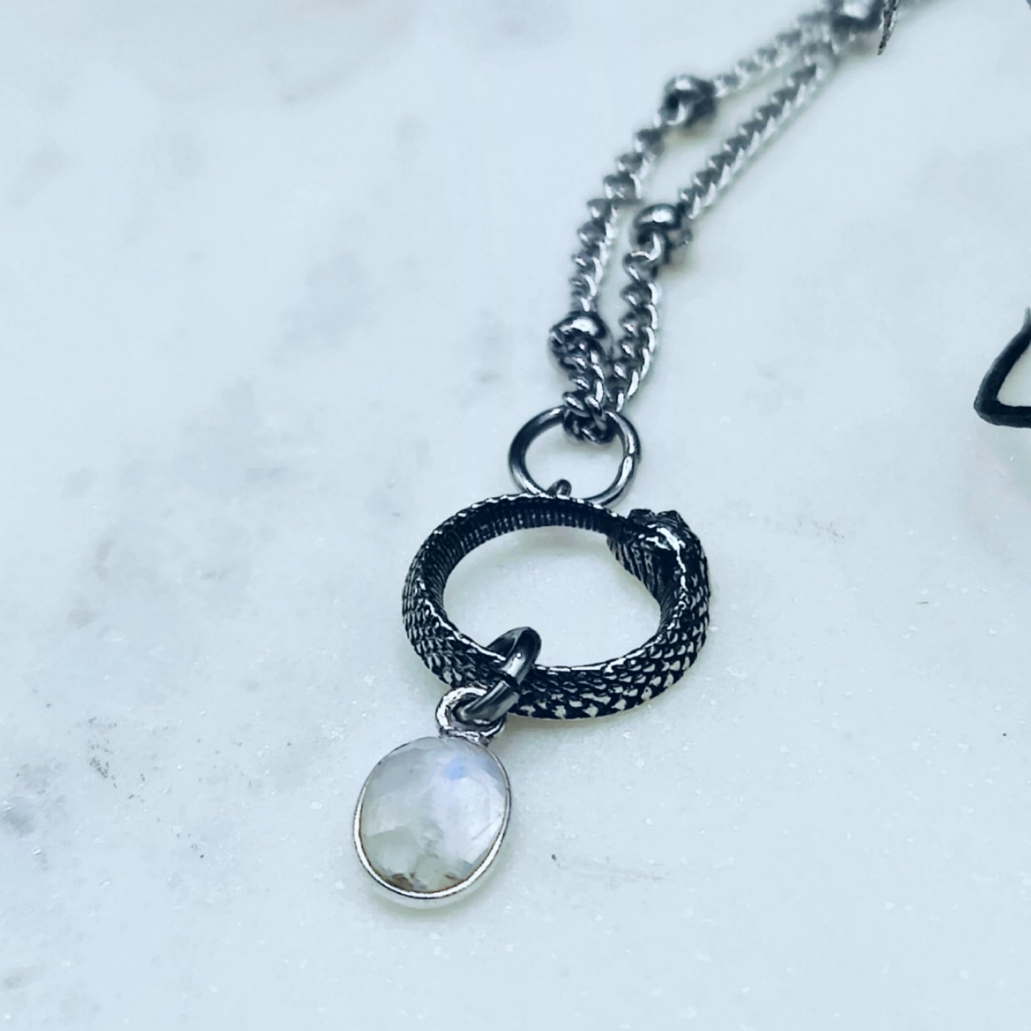 Dainty Ouroboros Teardrop Necklace in Moonstone, 18 inches Long