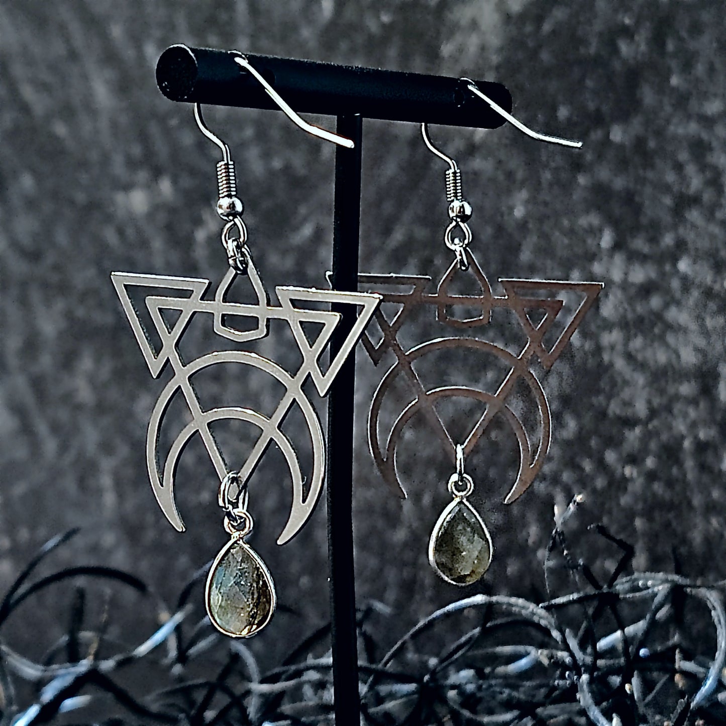 Geometric Triangle Moon Dangle Earrings in Labradorite w/ Implant Grade Surgical Steel Hooks