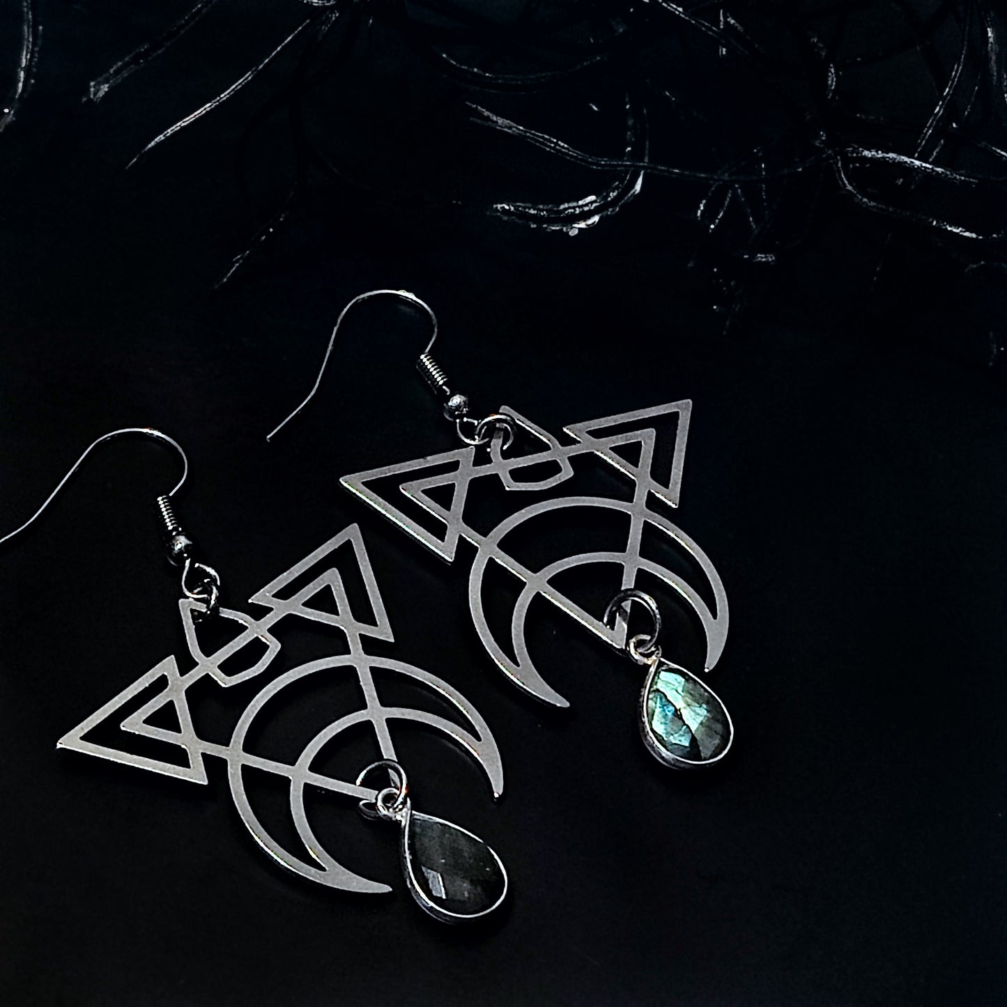 Geometric Triangle Moon Dangle Earrings in Labradorite w/ Implant Grade Surgical Steel Hooks