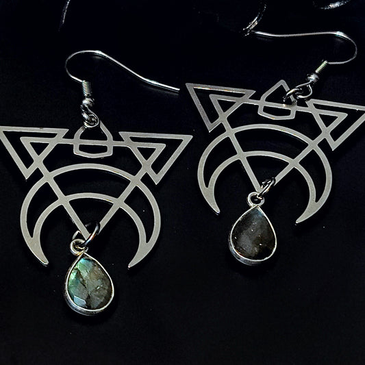 Geometric Triangle Moon Dangle Earrings in Labradorite w/ Implant Grade Surgical Steel Hooks