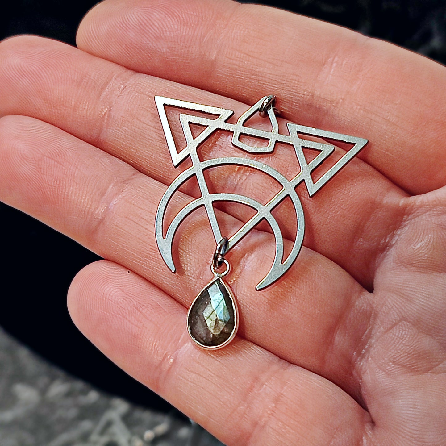 Geometric Triangle Moon Dangle Earrings in Labradorite w/ Implant Grade Surgical Steel Hooks