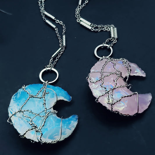 YOU CHOOSE: Celestial Cage Moon Necklace in Opalite, 23 inches Long