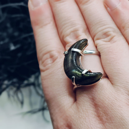 SHOPIFY EXCLUSIVE: Labradorite Moon Statement Cocktail Arc Ring in Silver Plating w/ Adjustable Band (US SIZES 8-11)