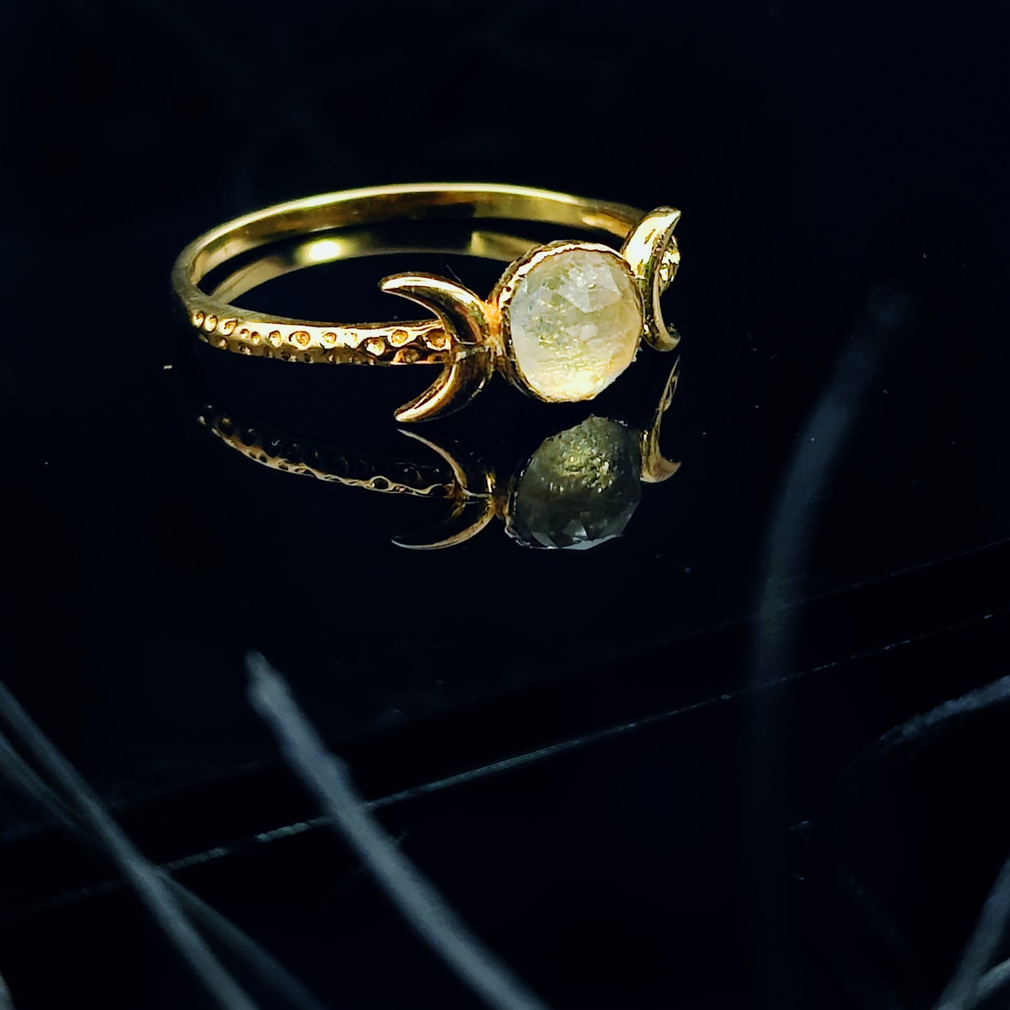 ***IMPERFECTION DISCOUNT*** Triple Moon Goddess Rainbow Moonstone Ring in 18k Gold Plated Sterling Silver (SIZE US 11)