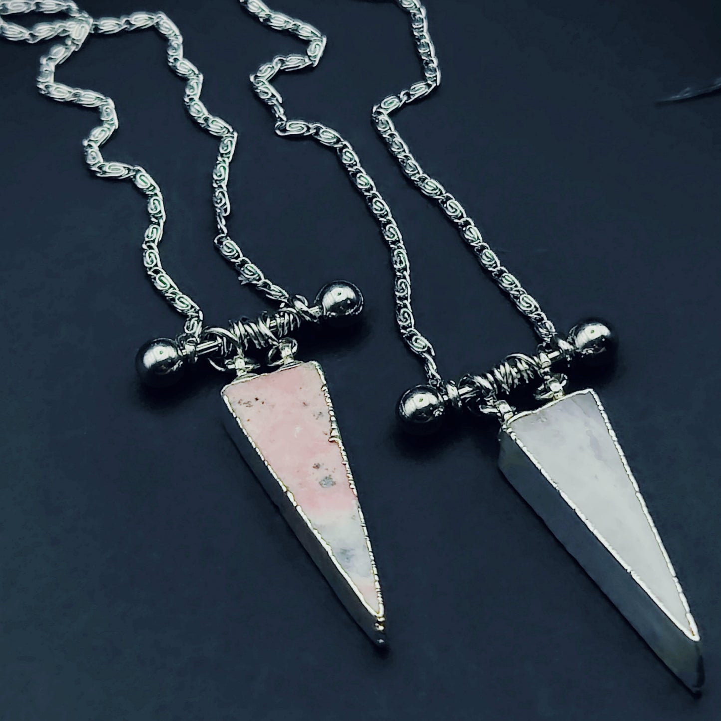 *THE BARRED BERMUDA TRIANGLE* Necklace in Rose Quartz or Rhodochrosite, 16 inches Long