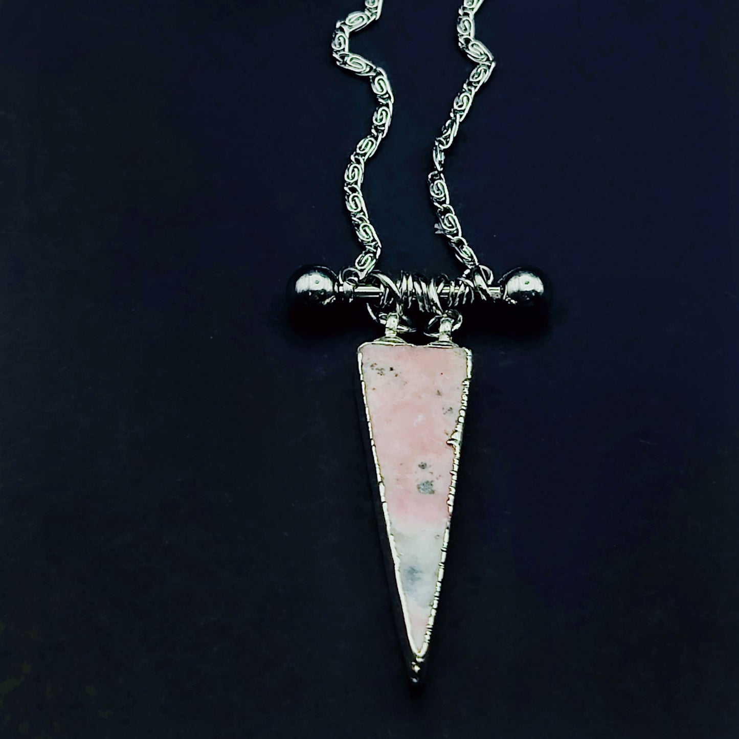 *THE BARRED BERMUDA TRIANGLE* Necklace in Rose Quartz or Rhodochrosite, 16 inches Long