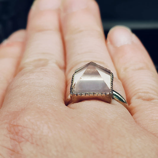 ***IMPERFECTION DISCOUNT*** Rose Quartz Pyramid Ring in Sterling Silver w/ Adjustable Band (US SIZES 5-10)