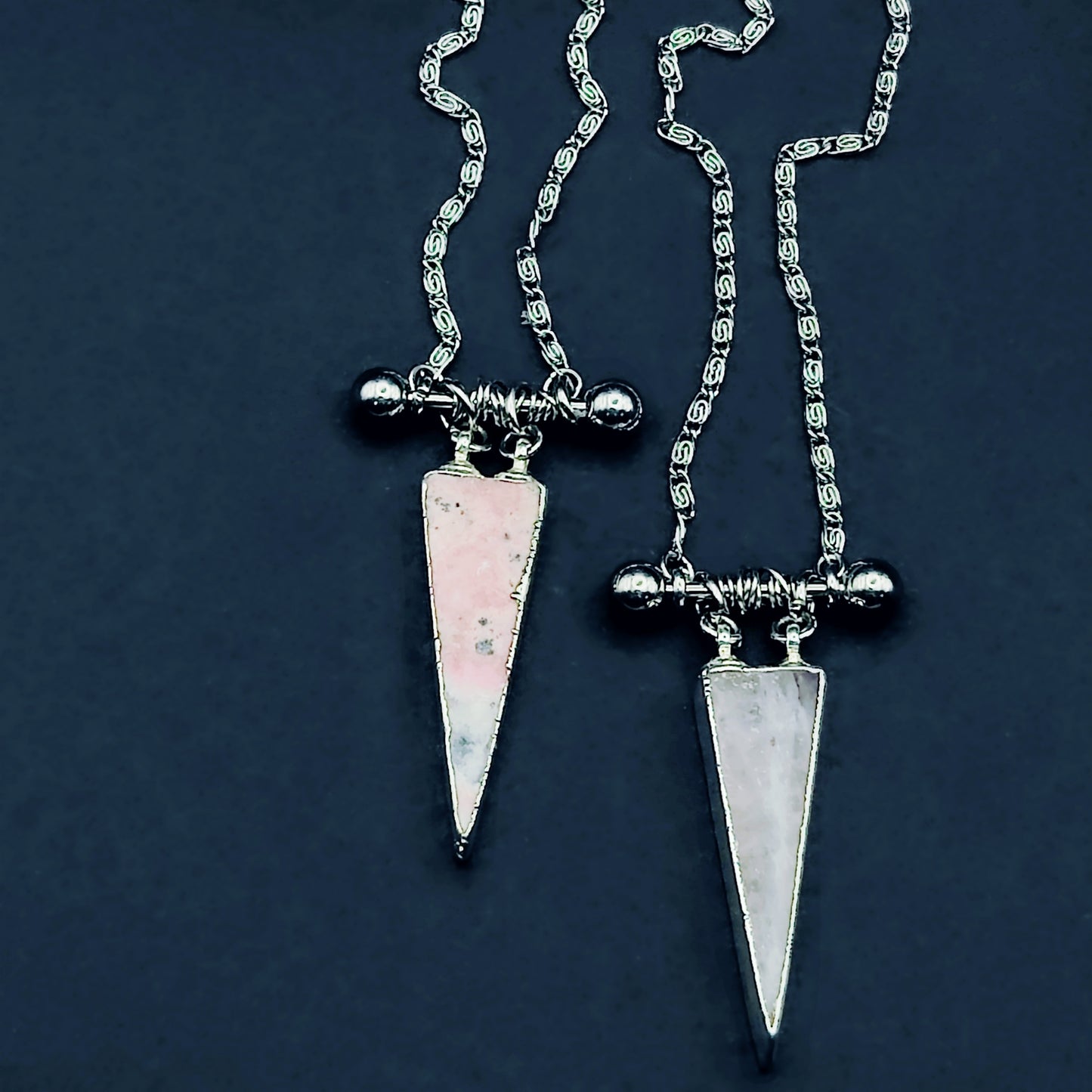 *THE BARRED BERMUDA TRIANGLE* Necklace in Rose Quartz or Rhodochrosite, 16 inches Long