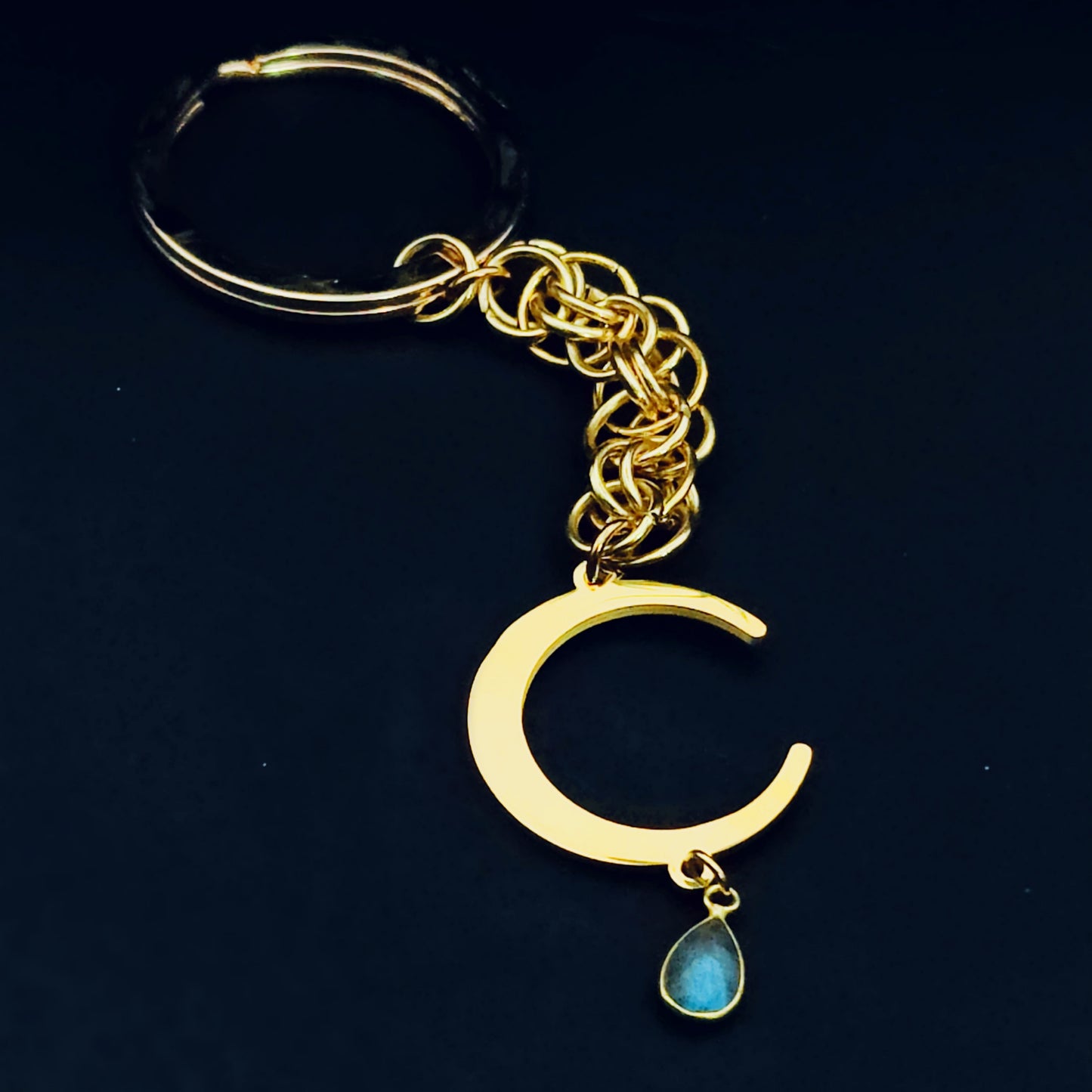 Chainmail Moon Keychain in Labradorite w/ 24k Gold and Vermeil Plating