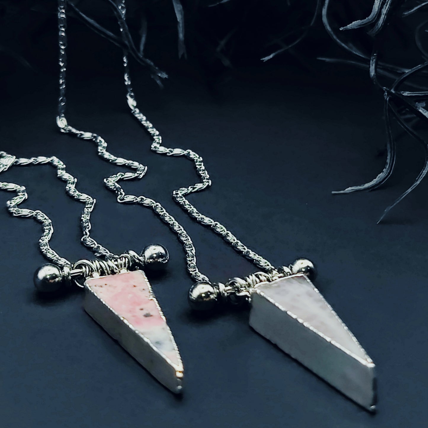 *THE BARRED BERMUDA TRIANGLE* Necklace in Rose Quartz or Rhodochrosite, 16 inches Long