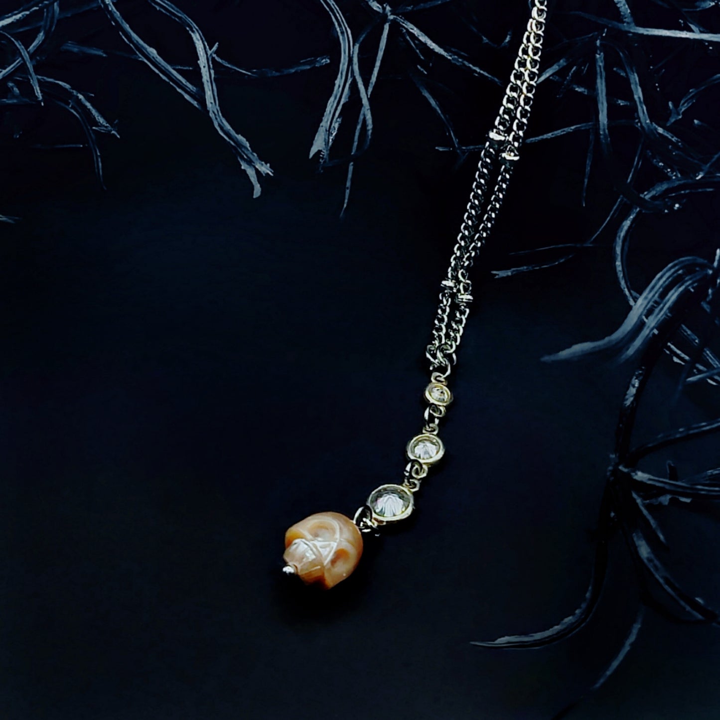 Dainty Pearl Skull Necklace with Cubic Zirconia Detailing, 18 inches Long