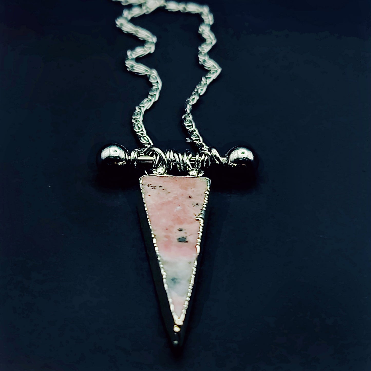 *THE BARRED BERMUDA TRIANGLE* Necklace in Rose Quartz or Rhodochrosite, 16 inches Long