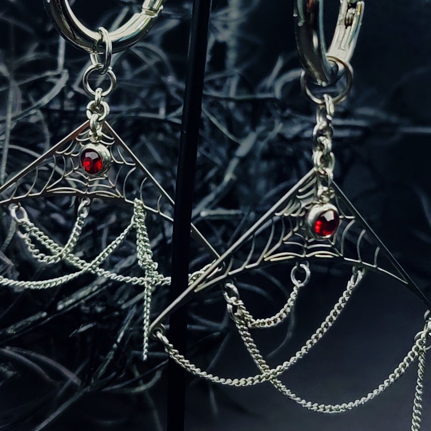 Spiderweb Drip Ear Weights in Garnet w/ Stainless Steel Hoop Clickers