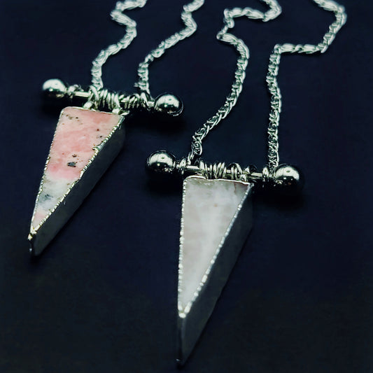 *THE BARRED BERMUDA TRIANGLE* Necklace in Rose Quartz or Rhodochrosite, 16 inches Long