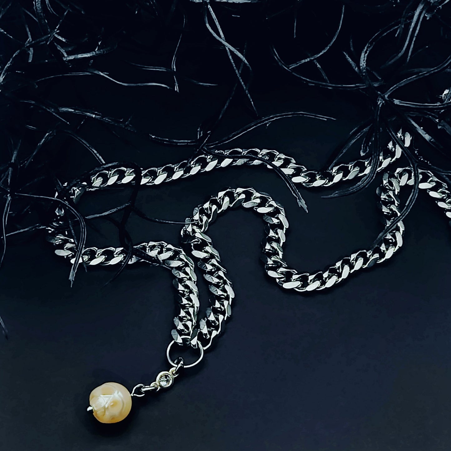 Chunky Pearl Skull Necklace with Cubic Zirconia Detailing, 18 inches Long