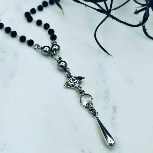 *THE ELDER "E"* Lariat Rosary Necklace in Clear Quartz or Moonstone, 18 inches Long