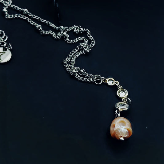 Dainty Pearl Skull Necklace with Cubic Zirconia Detailing, 18 inches Long