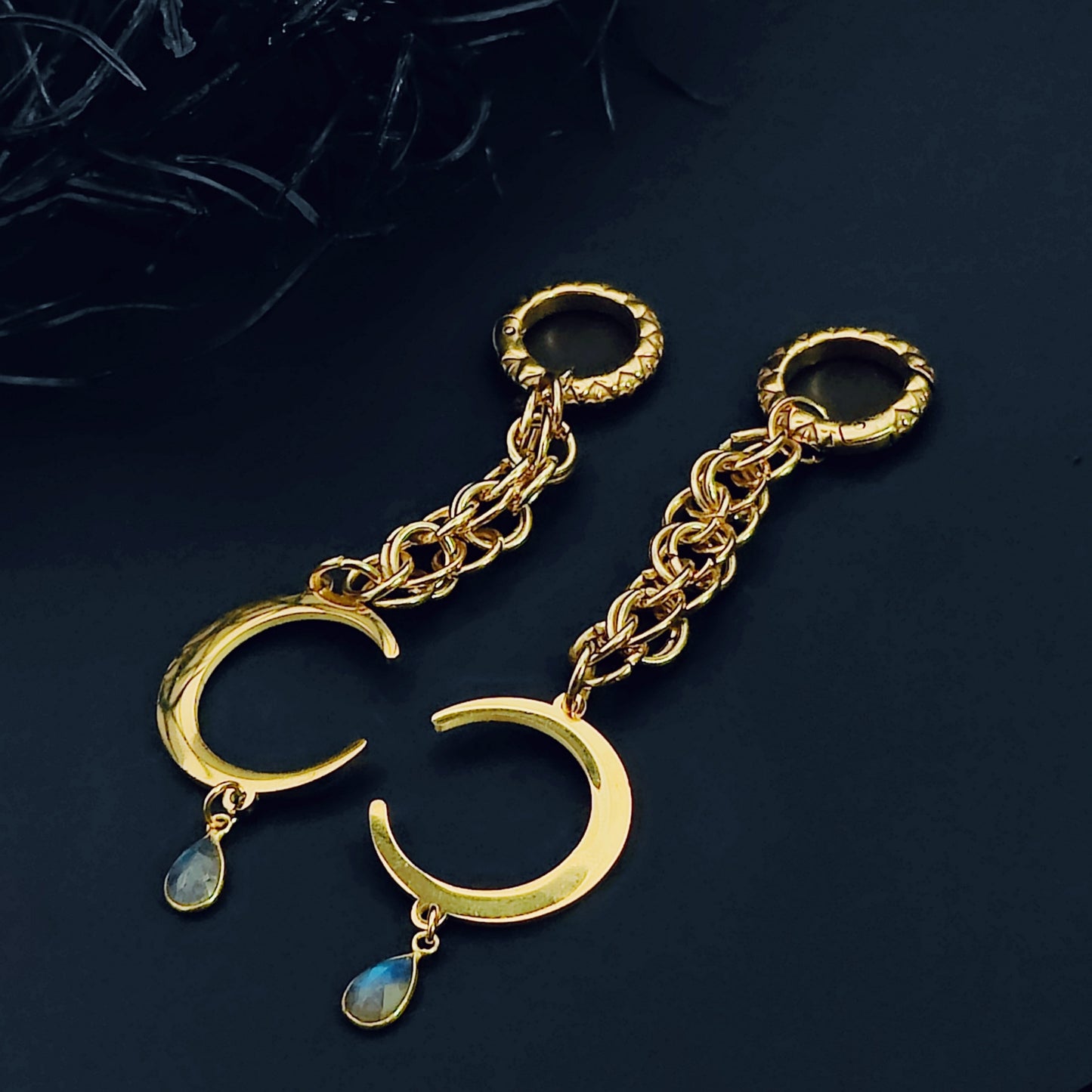 Labradorite Chainmail Moon  Ear Weights w/ 18k Gold Plated Stainless Steel Hoop Clickers