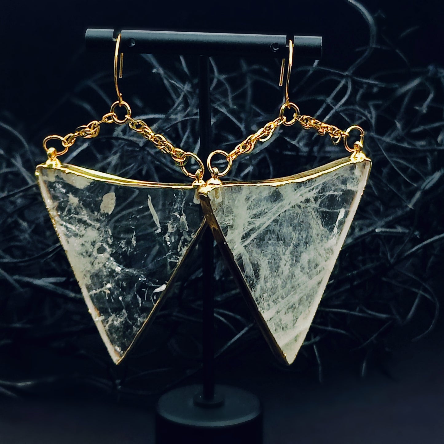 Clear Quartz Triangle Ear Weights in 24k Gold Plating w/ Implant Grade Surgical Steel Eye Hooks (21g)