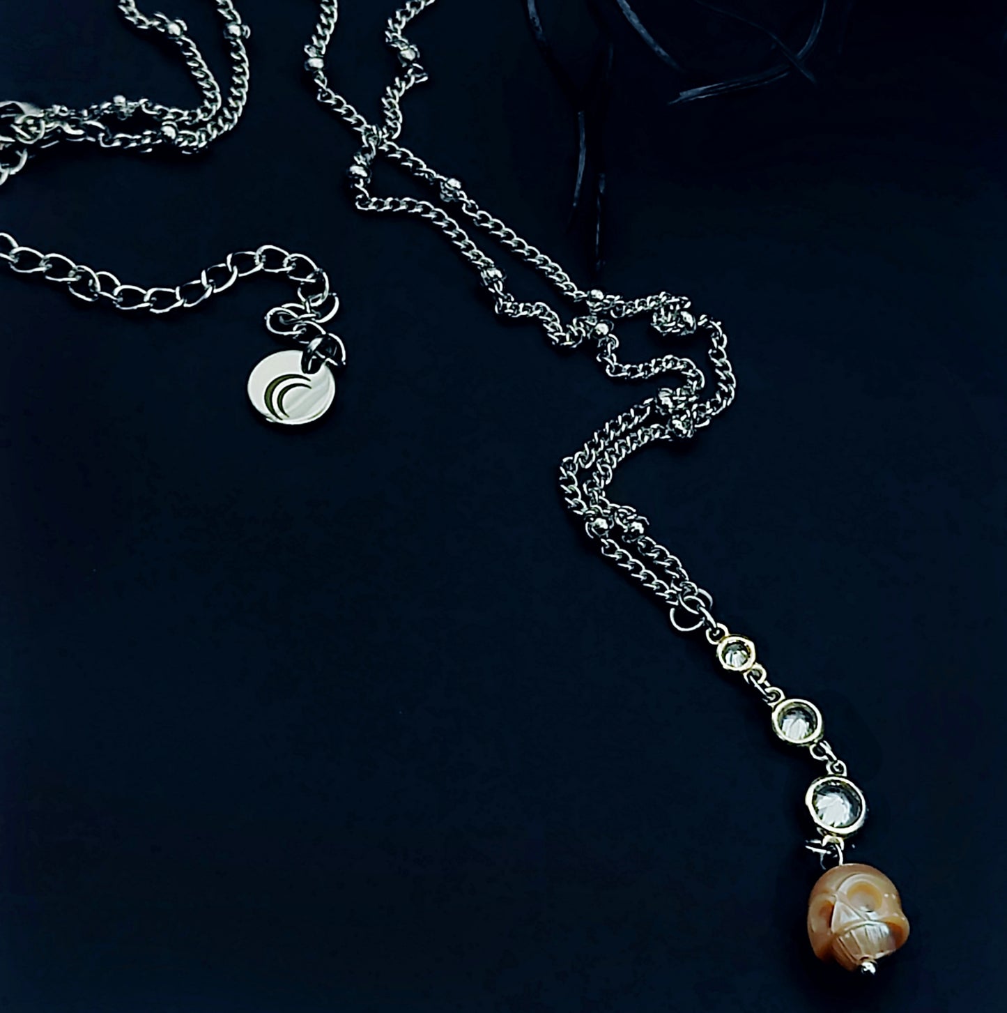 Dainty Pearl Skull Necklace with Cubic Zirconia Detailing, 18 inches Long