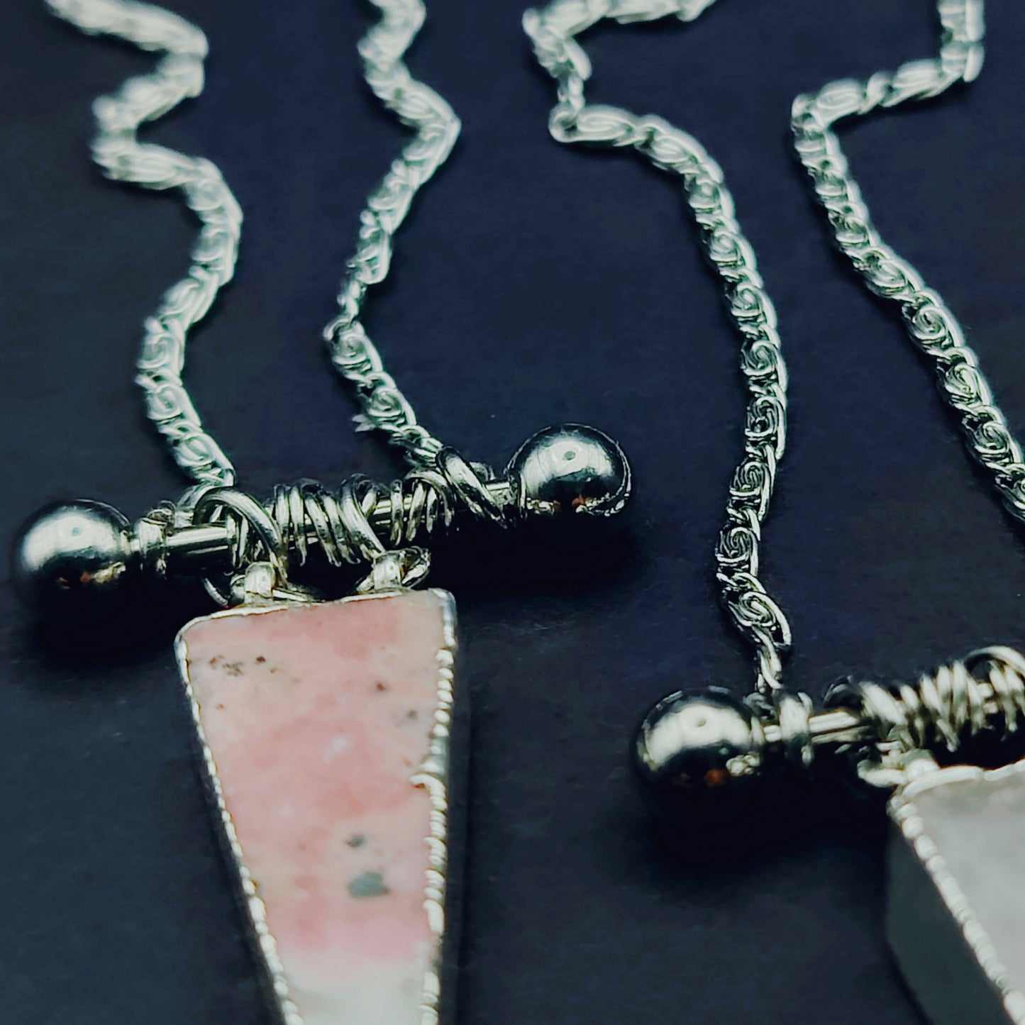 *THE BARRED BERMUDA TRIANGLE* Necklace in Rose Quartz or Rhodochrosite, 16 inches Long