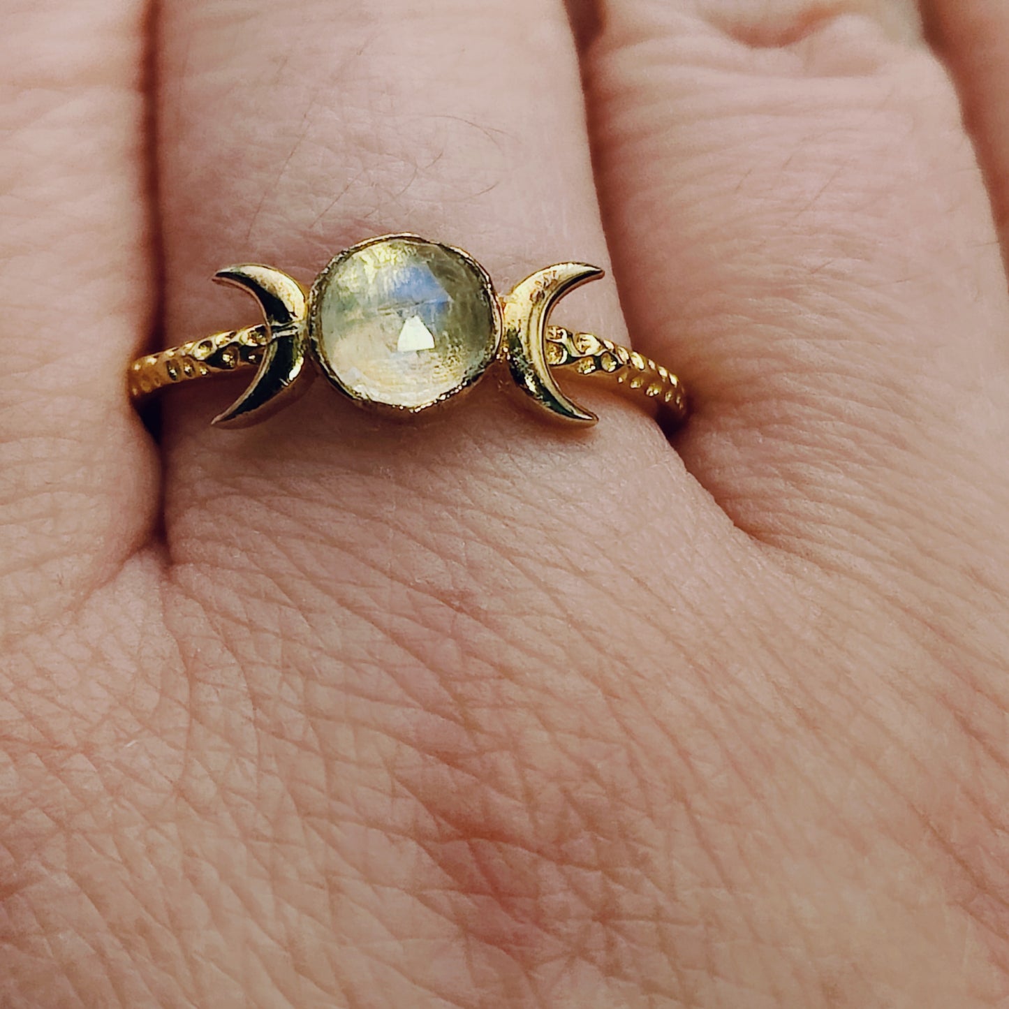 ***IMPERFECTION DISCOUNT*** Triple Moon Goddess Rainbow Moonstone Ring in 18k Gold Plated Sterling Silver (SIZE US 11)