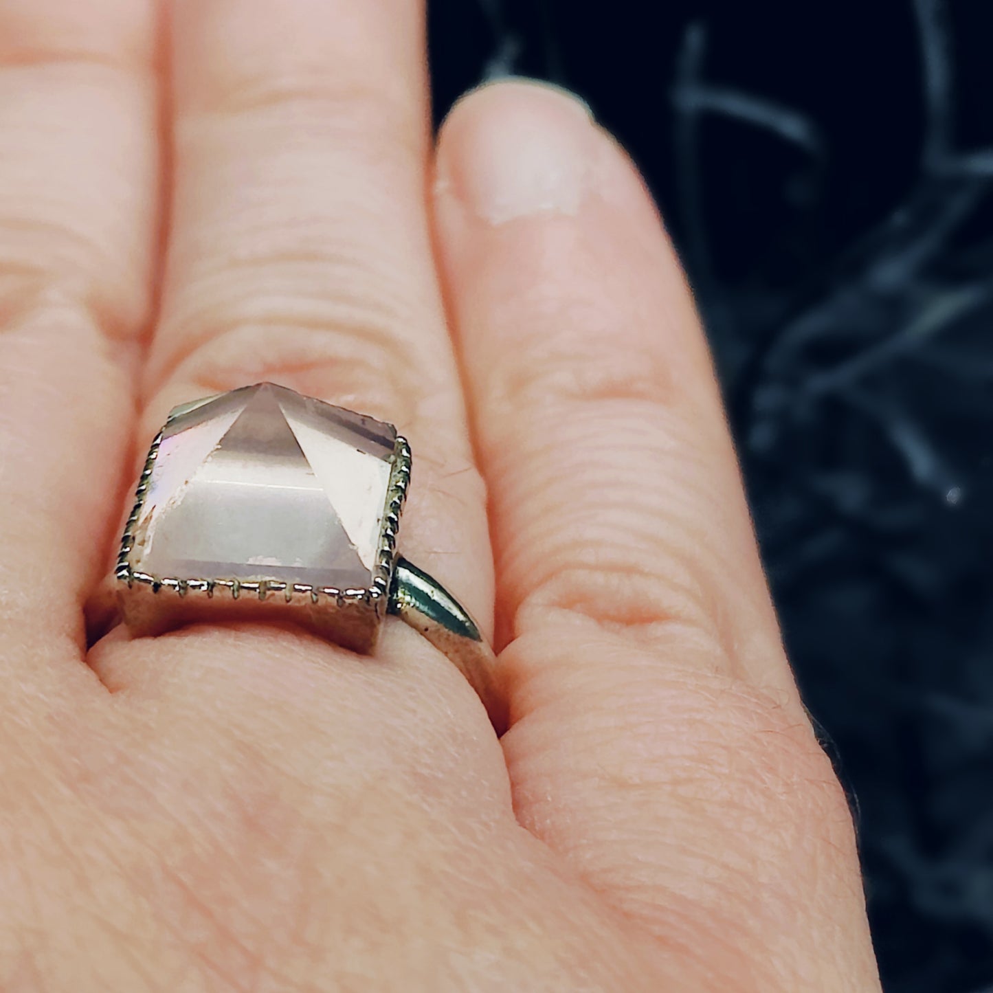 ***IMPERFECTION DISCOUNT*** Rose Quartz Pyramid Ring in Sterling Silver w/ Adjustable Band (US SIZES 5-10)