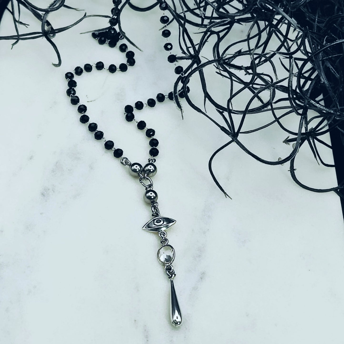 *THE ELDER "E"* Lariat Rosary Necklace in Clear Quartz or Moonstone, 18 inches Long