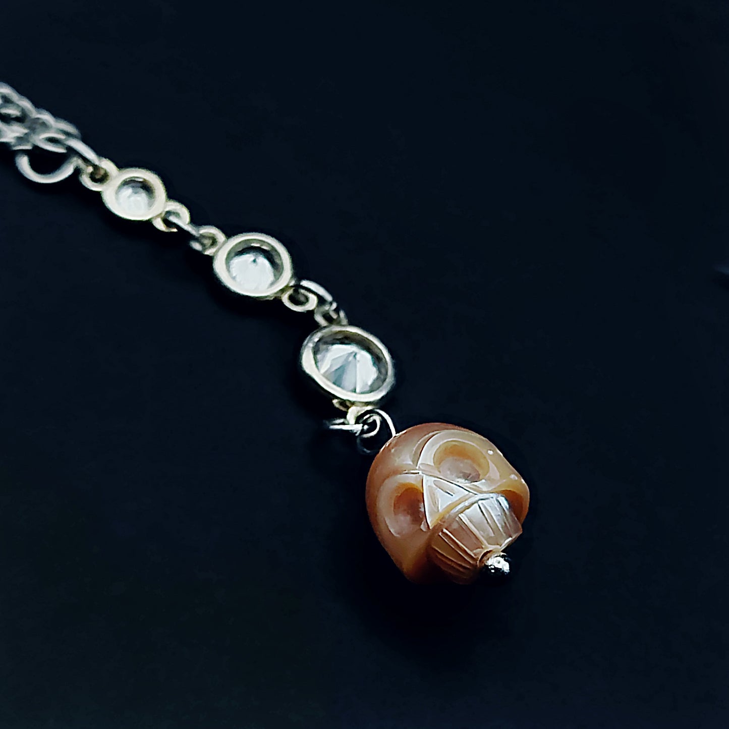 Dainty Pearl Skull Necklace with Cubic Zirconia Detailing, 18 inches Long