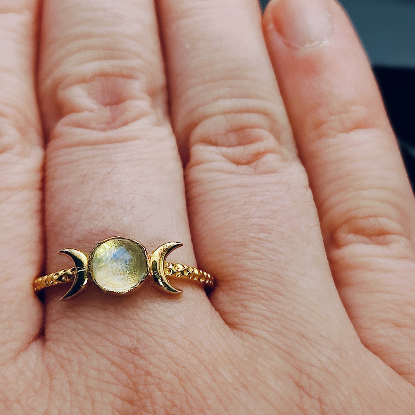 ***IMPERFECTION DISCOUNT*** Triple Moon Goddess Rainbow Moonstone Ring in 18k Gold Plated Sterling Silver (SIZE US 11)