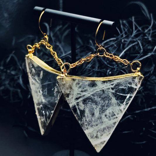 Clear Quartz Triangle Ear Weights in 24k Gold Plating w/ Implant Grade Surgical Steel Eye Hooks (21g)