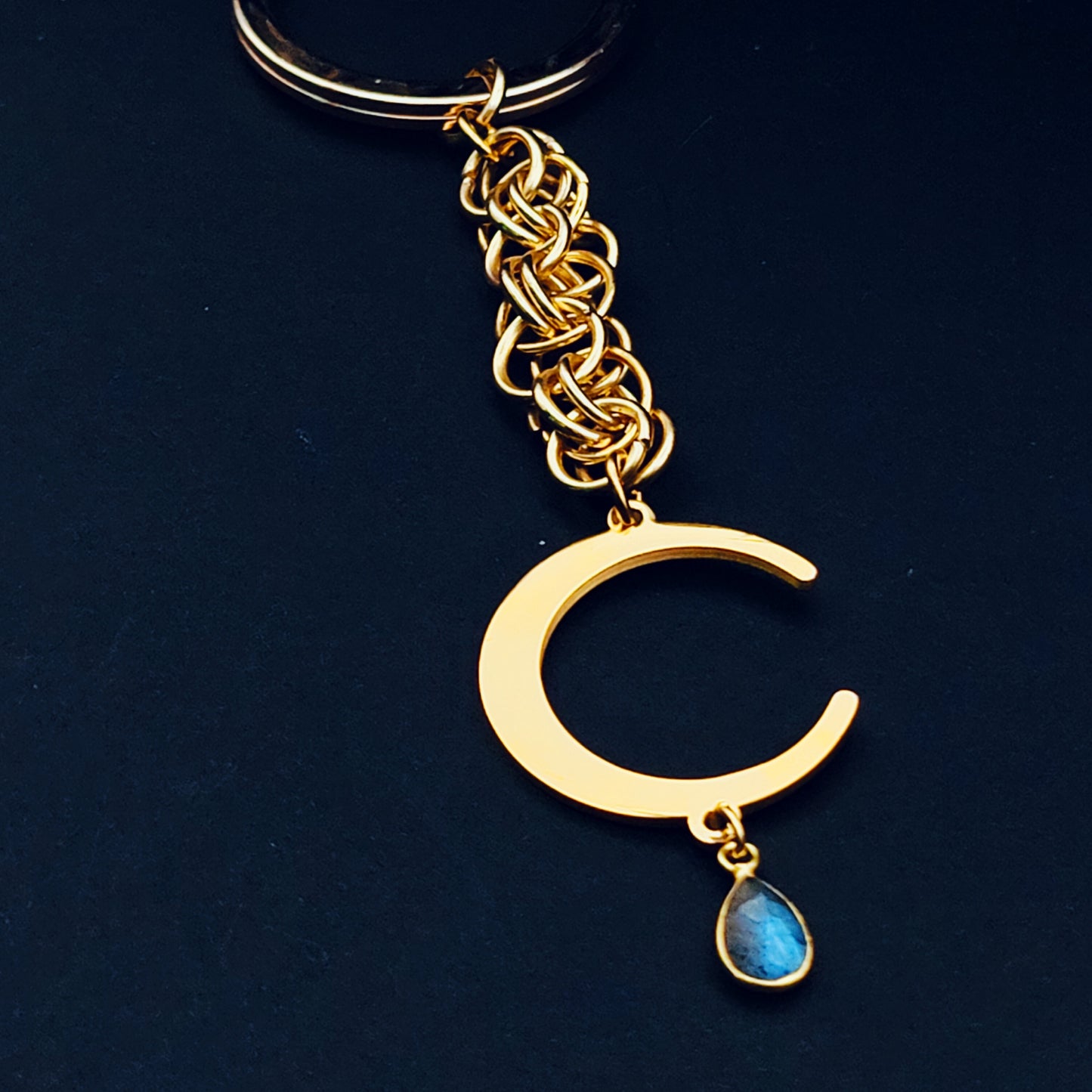 Chainmail Moon Keychain in Labradorite w/ 24k Gold and Vermeil Plating