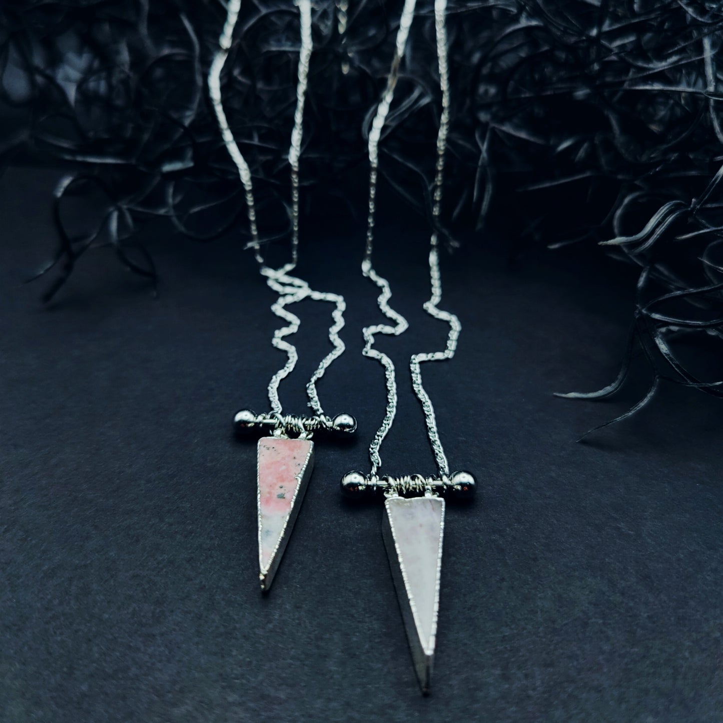 *THE BARRED BERMUDA TRIANGLE* Necklace in Rose Quartz or Rhodochrosite, 16 inches Long