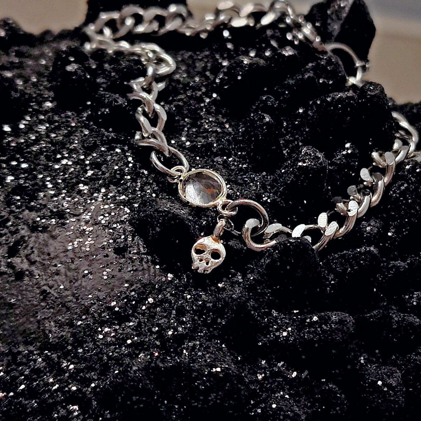 *THE INGRID* Dainty Skull Charm Bracelet w/ Moonstone or Clear Quartz