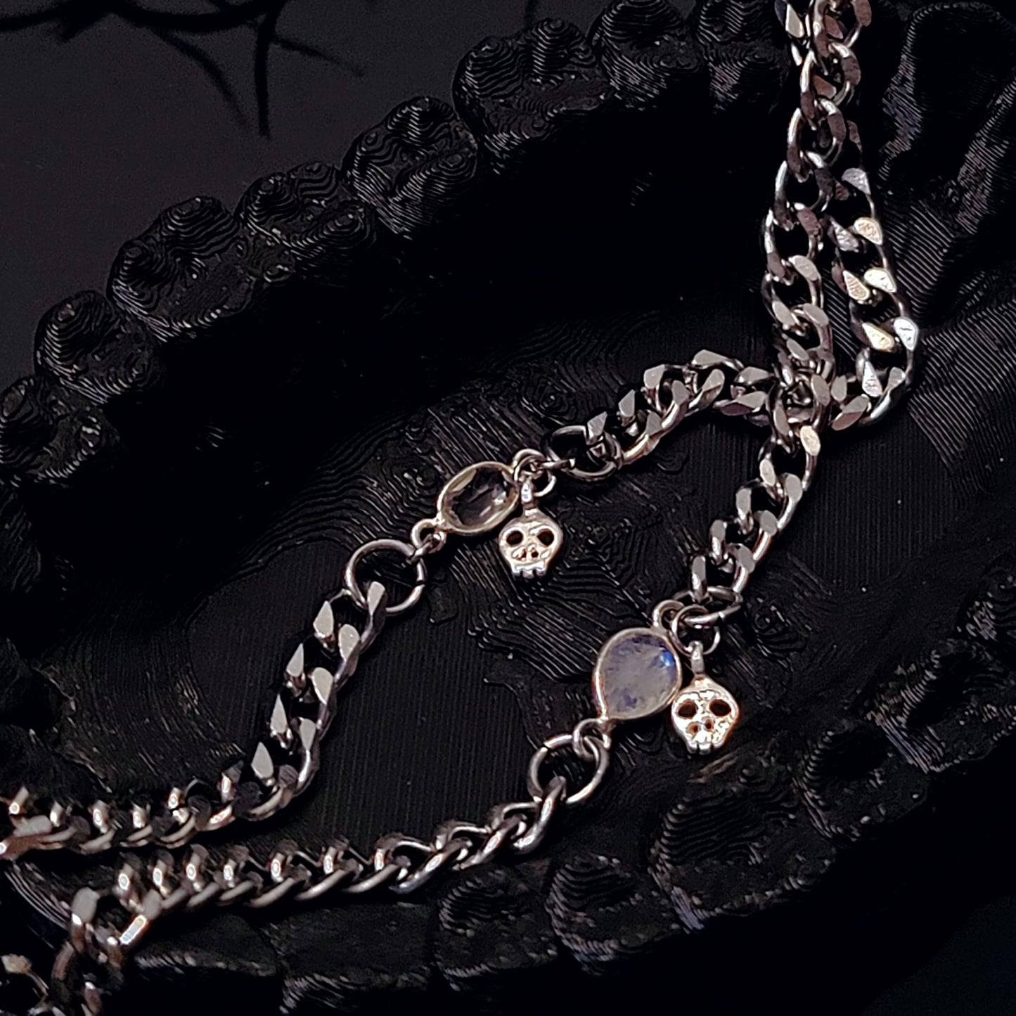 *THE INGRID* Dainty Skull Charm Bracelet w/ Moonstone or Clear Quartz