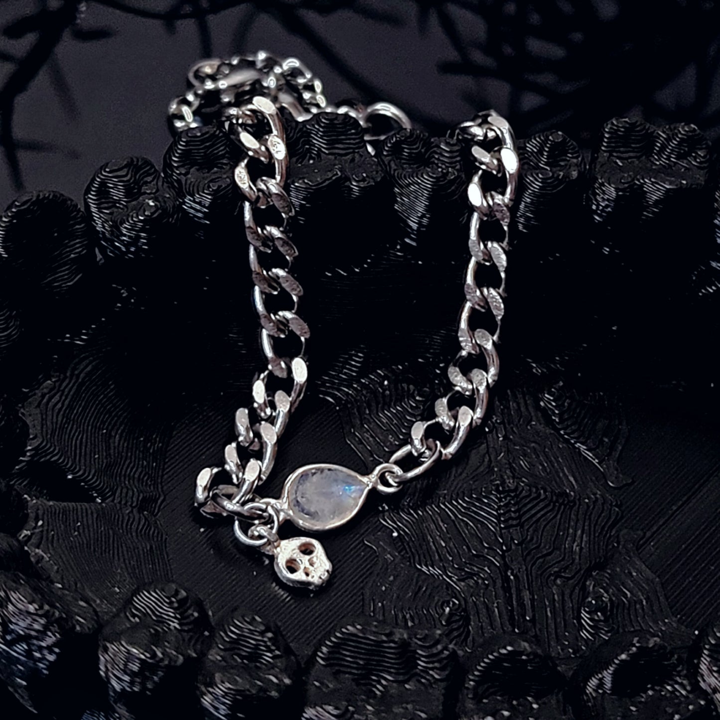 *THE INGRID* Dainty Skull Charm Bracelet w/ Moonstone or Clear Quartz