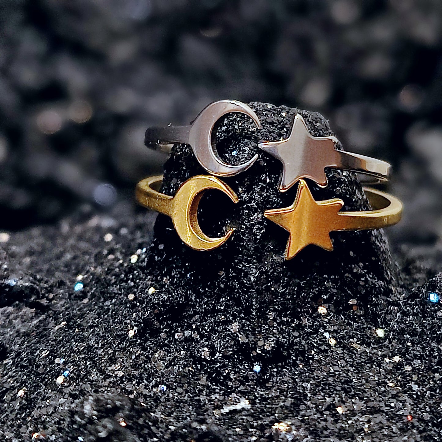 YOU CHOOSE: Dainty Moon & Stars Stackable Ring in Silver or Gold w/ Adjustable Band (US SIZES 6-10)