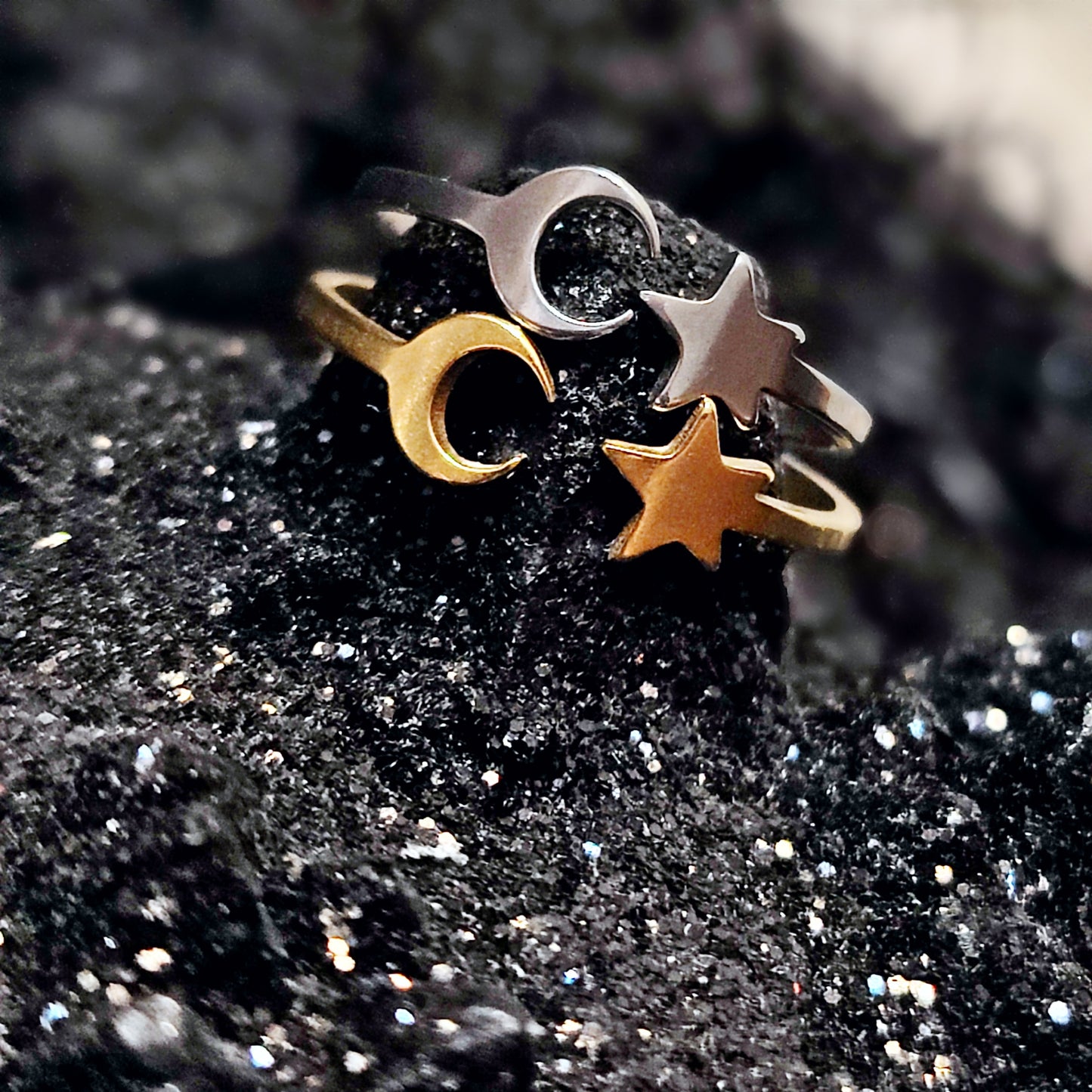 YOU CHOOSE: Dainty Moon & Stars Stackable Ring in Silver or Gold w/ Adjustable Band (US SIZES 6-10)